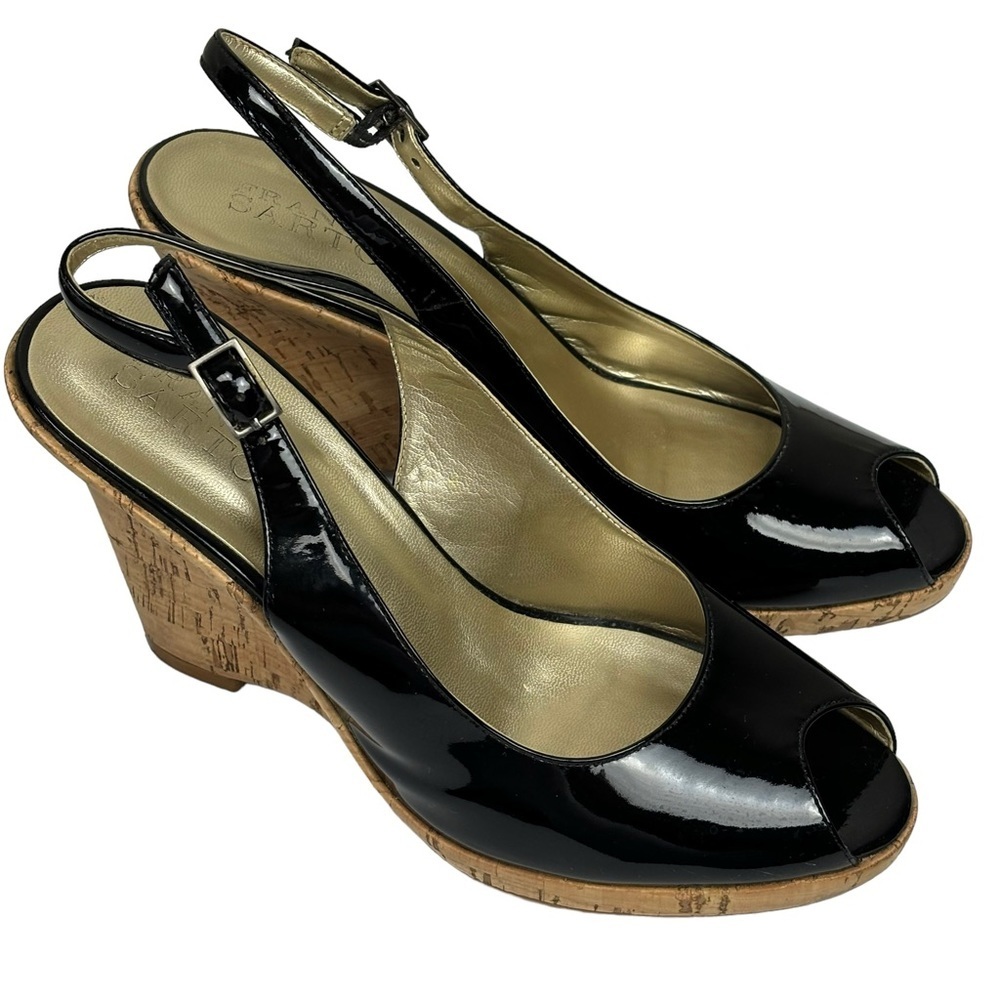 Franco Sarto Black Patent 4” Platform Cork Wedge Ankle Strap Open Toe Size 8 - Picture 4 of 10